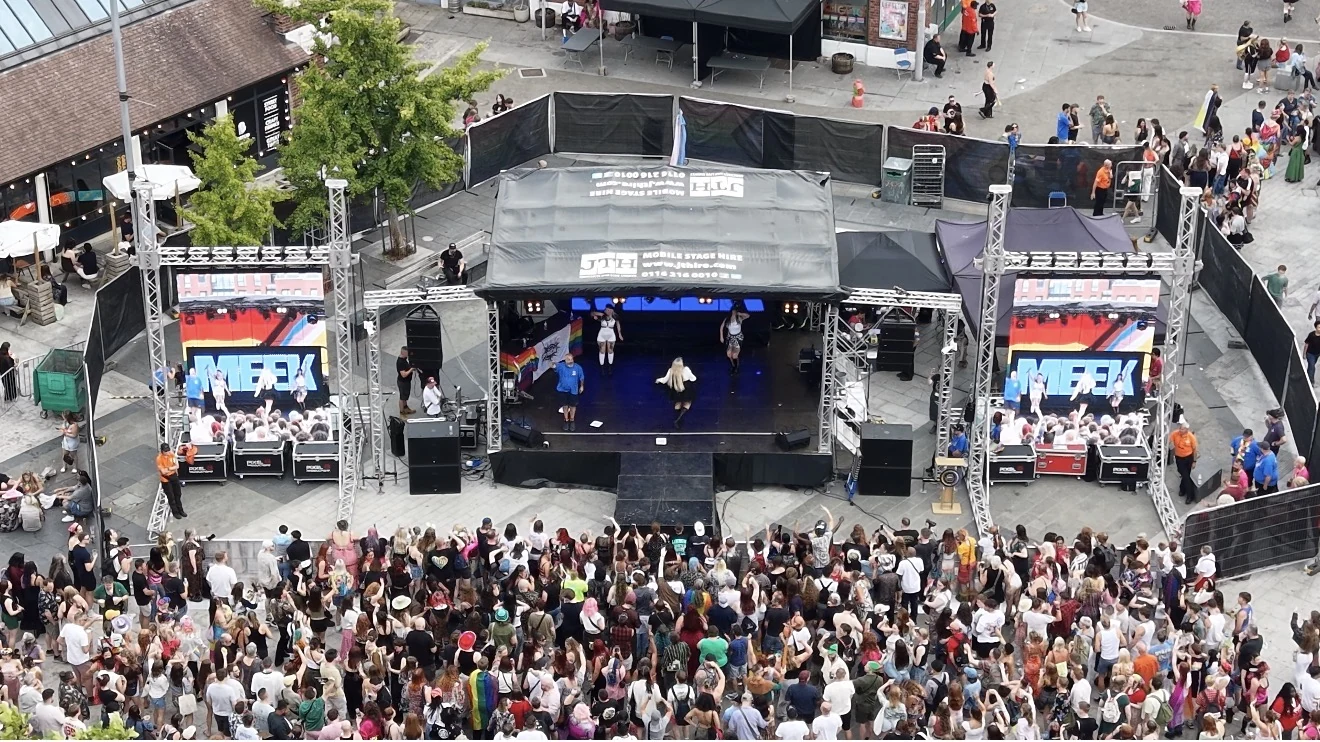 Notts Pride stage and audience in Nottingham city centre
